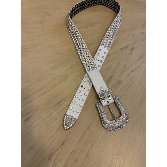 Y2K White Leather Rhinestone Studded Belt Western Bling Silver Buckle Cowgirl M main image 13